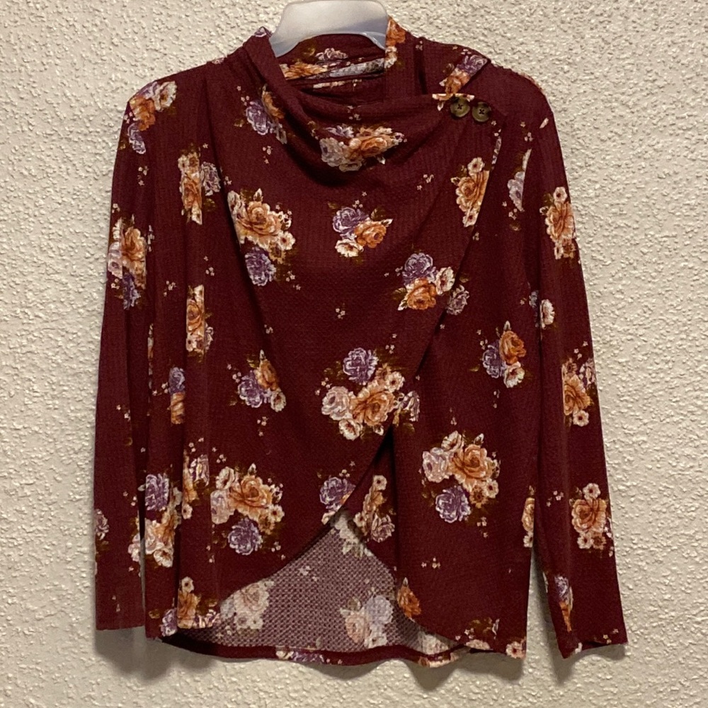 Burgundy floral swoop neck button top sweater